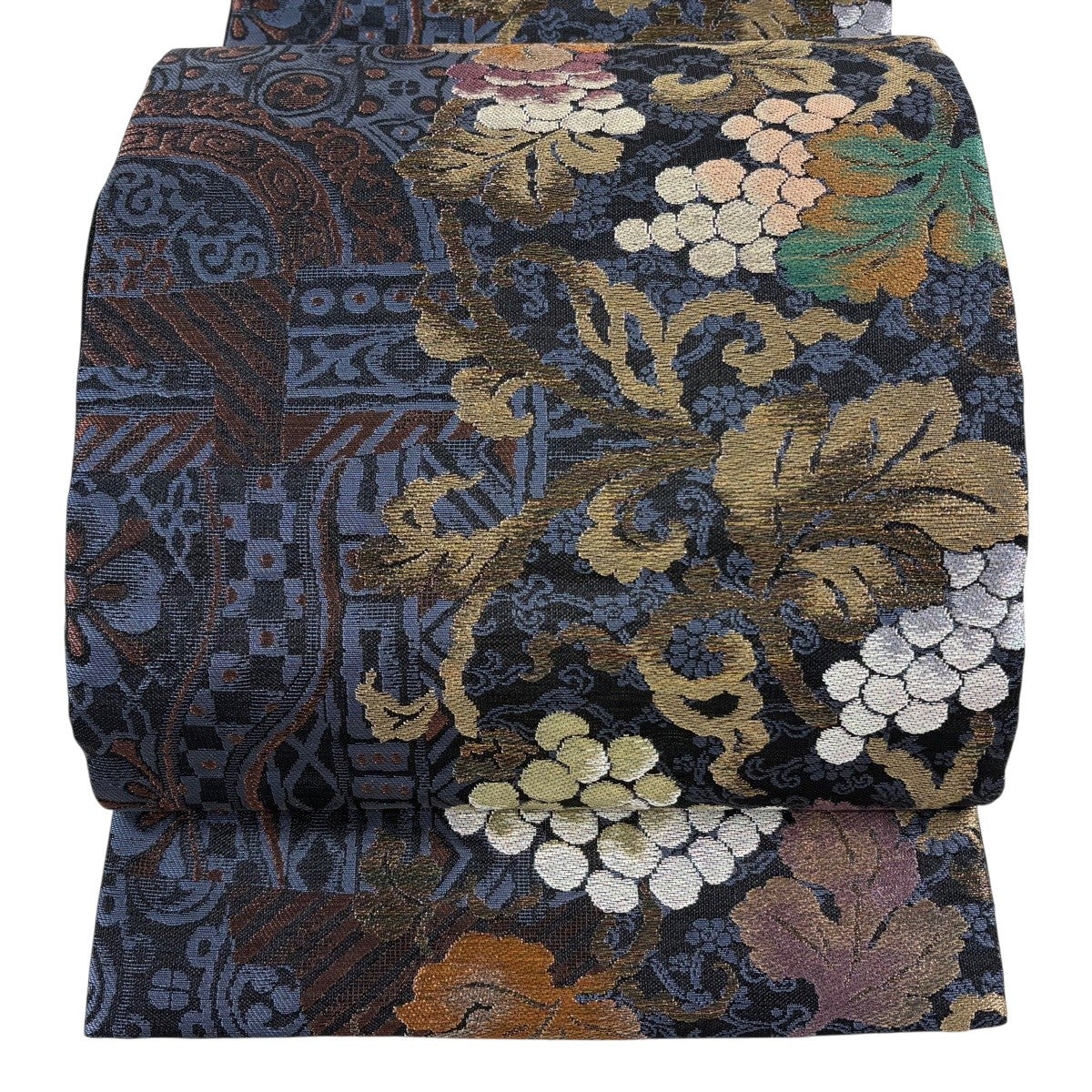 美品】 袋帯 逸品 紗綾織 葡萄唐草 草花 金糸 箔 濃紺 六通 正絹｜中古