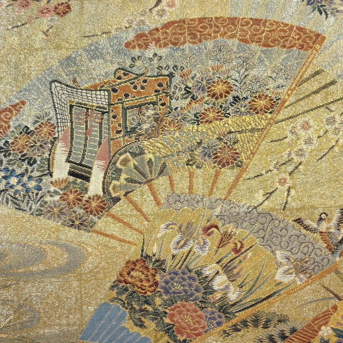 戦前アンティーク丸帯長さ392美品✨黄金色に吉祥文様の扇面が舞う 扇面流図屏風の染帯 - ぎをん齋藤・齋藤織物