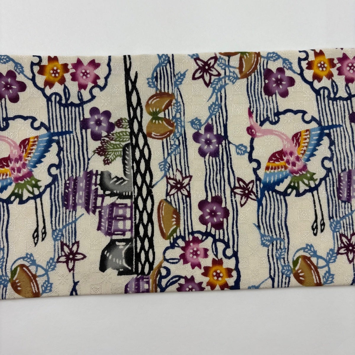 美品】名古屋帯 逸品 琉球本びんがた 知念貞男 雪輪 草花 紅型 白 正絹
