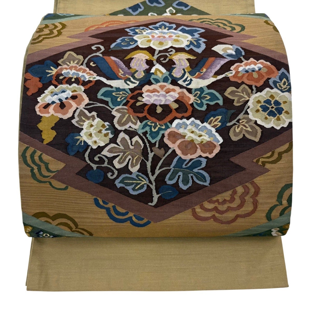 袋帯 逸品 向かい鳥 草花 金糸 茶色 お太鼓柄 正絹｜中古・古着