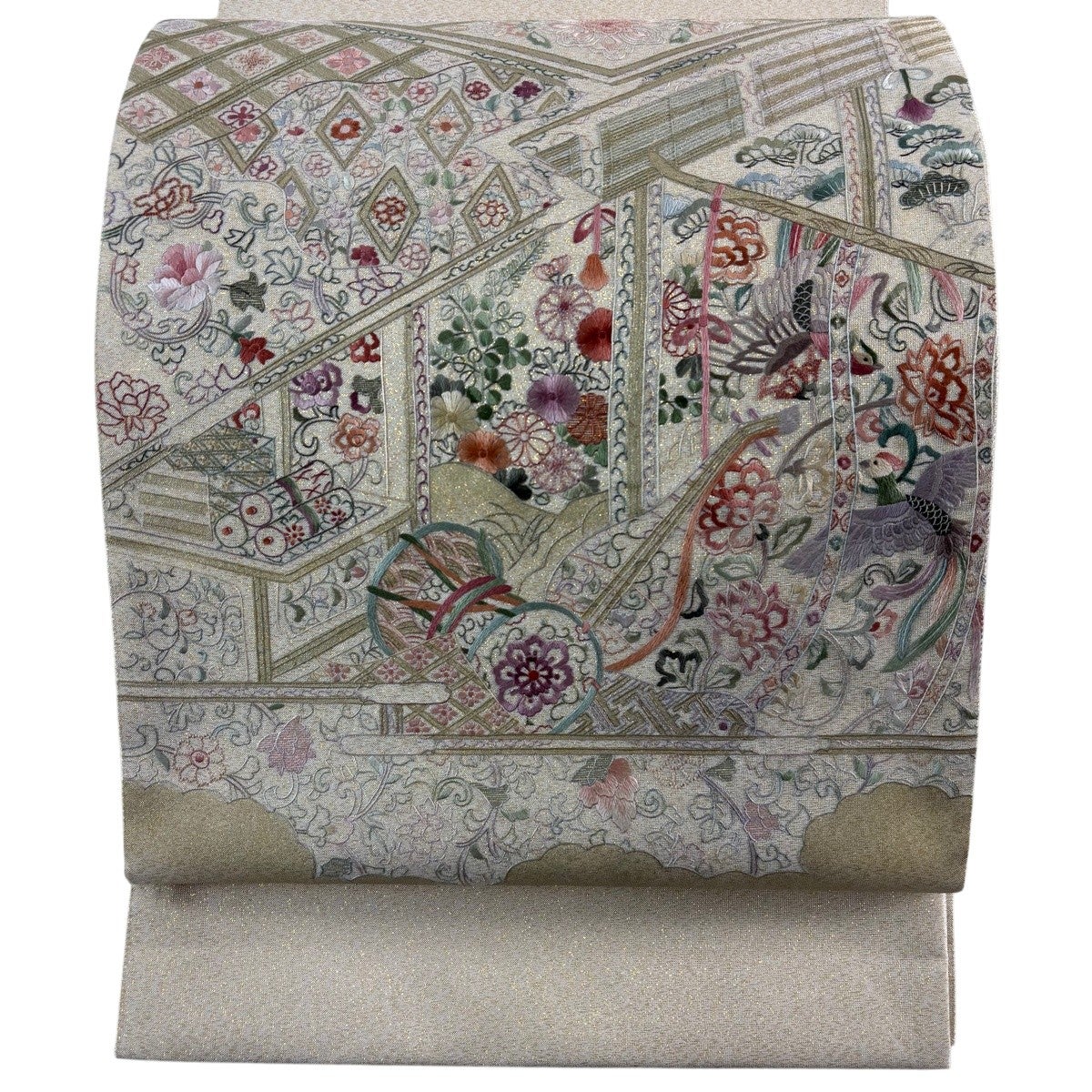 美品】 袋帯 名品 花鳥 鼓 刺繍 箔 ベージュ お太鼓柄 正絹｜中古