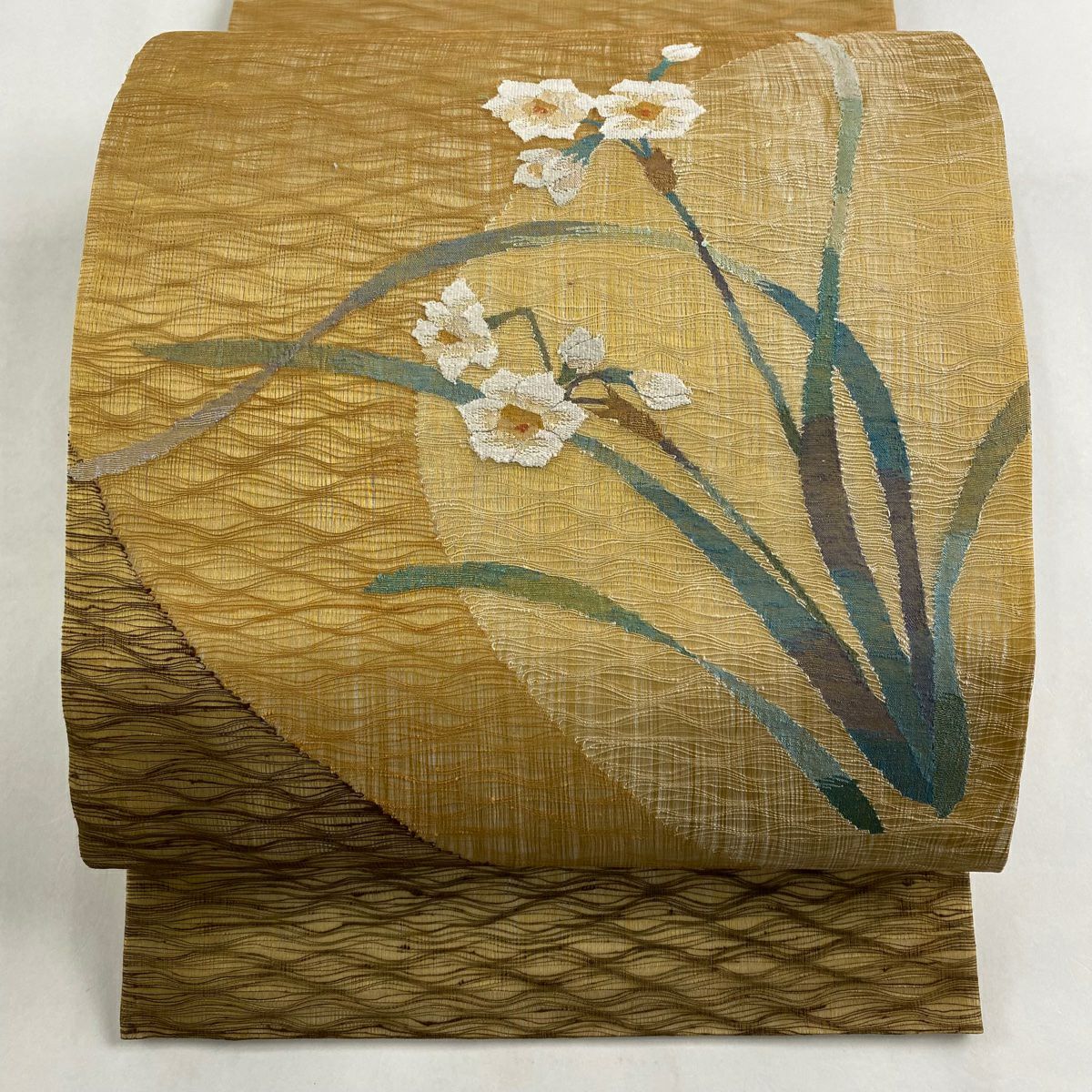 袋帯 美品 秀品 夏帯 水仙 薄茶色 お太鼓柄 正絹｜中古・古着