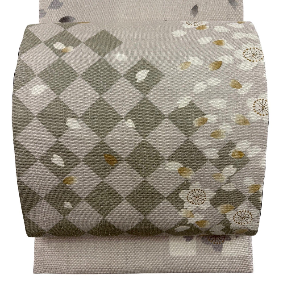 30％OFF￥17900→12530 袋帯 紬 織柄 淡茶 新古品 kp2278 30%OFF 【美品】 袋帯 名品 落款あり 田中良和 紬地 桜 市松 金彩 薄
