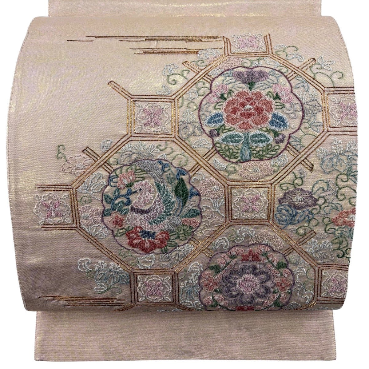 相良刺繍 蘇州刺繍 袋帯 金駒 金糸 正絹 お太鼓柄 HOT089 袋帯 名品 蜀江文 華文 相良刺繍 金糸 ピンクベージュ お太鼓柄 正絹