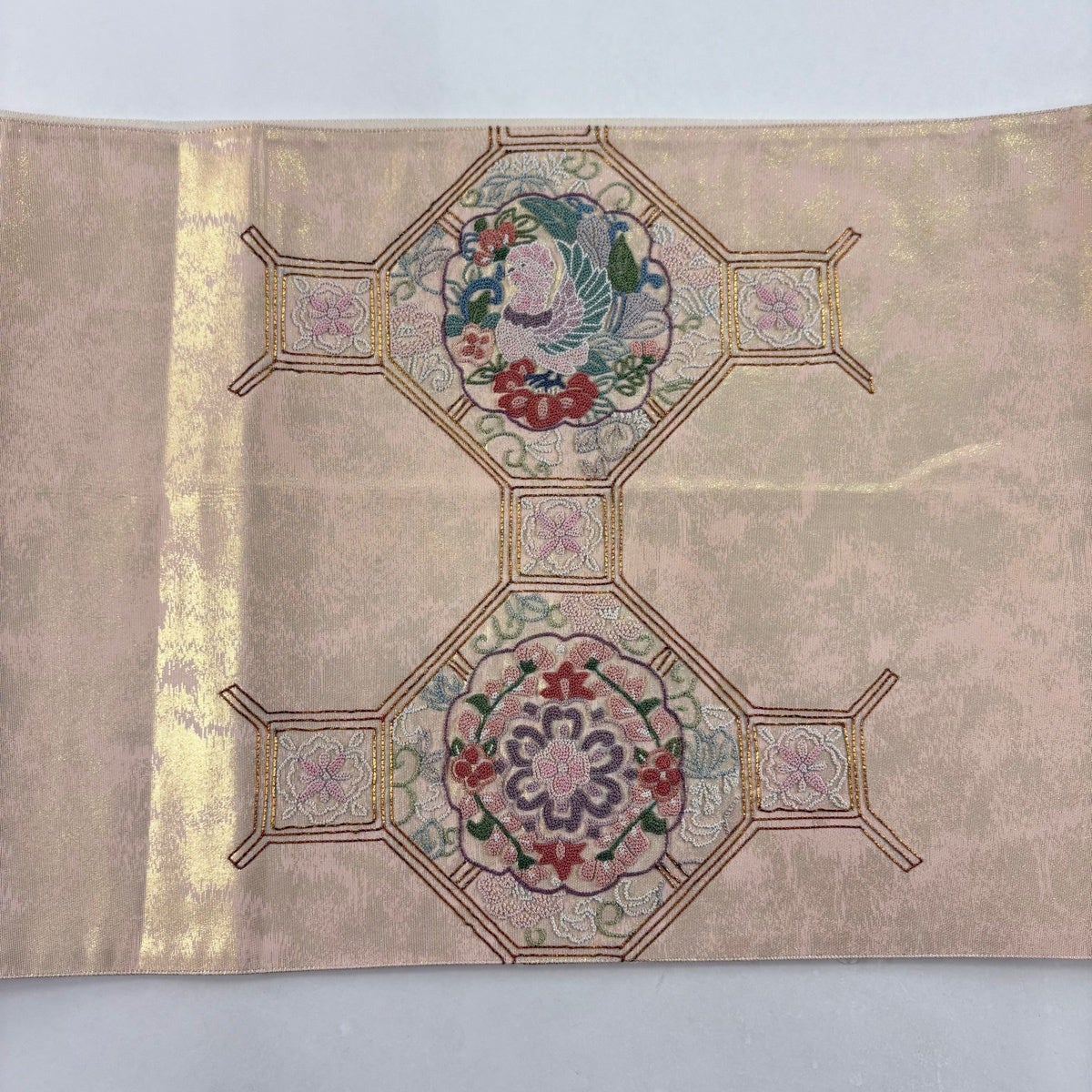【未使用品】袋帯　明綴れ織　宝相華　ベージュピンク　お太鼓柄 未使用品】袋帯 明綴れ織 宝相華 ベージュピンク お太鼓柄 袋帯 訳あり
