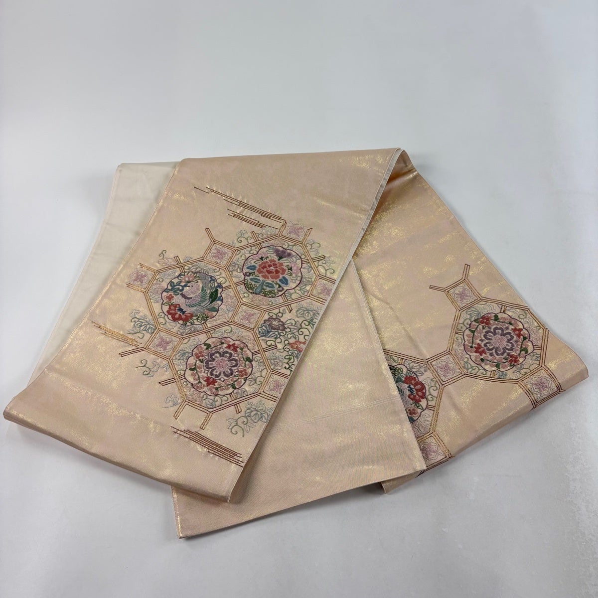 美品】袋帯華文・正倉院花文 相良刺繍 お太鼓柄 正絹 中古 美品】袋帯