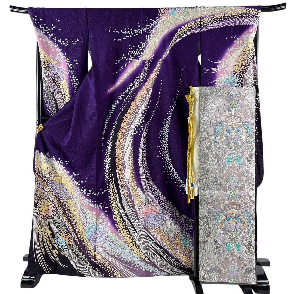 美品】 振袖 身丈168cm 裄丈71cm L 袷 袋帯フルセット 草花 流水 銀