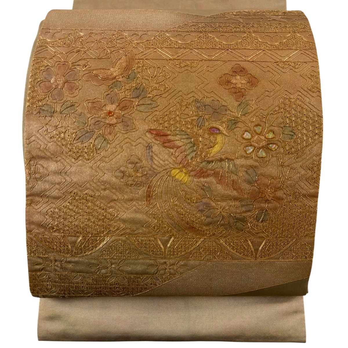 美品】 袋帯 秀品 華文 花喰い鳥 螺鈿 箔 金色 お太鼓柄 正絹｜中古