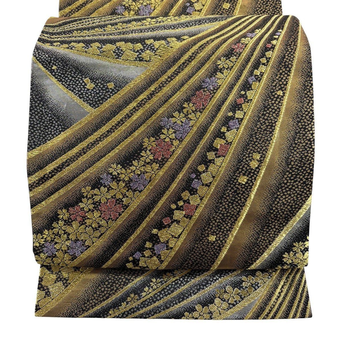 美品】 袋帯 秀品 横縞 箔 金糸 黒 お太鼓柄 正絹｜中古・古着