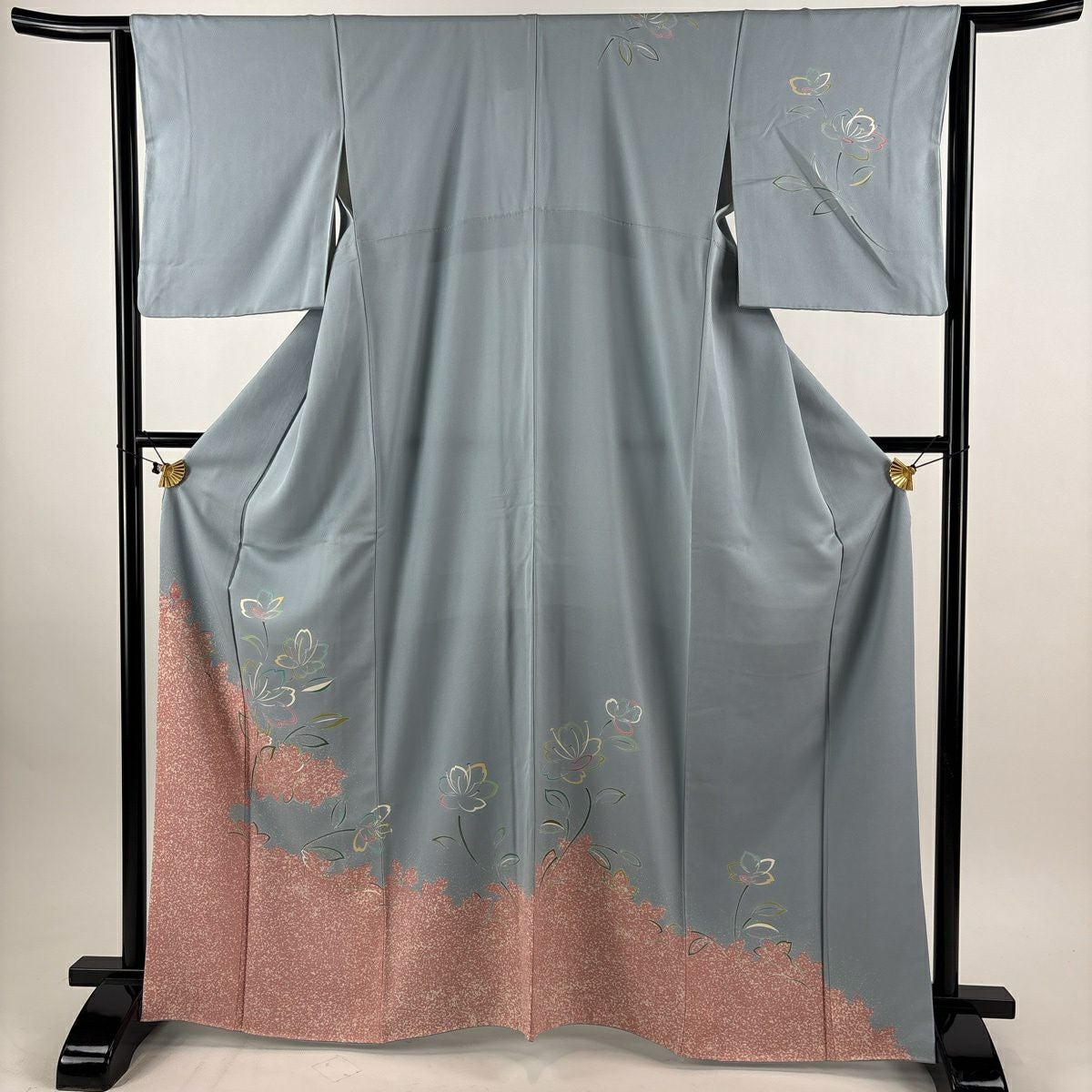 訪問着 身丈163cm 裄丈67cm M 袷 菊 萩 ぼかし 青灰色 正絹 秀品｜中古