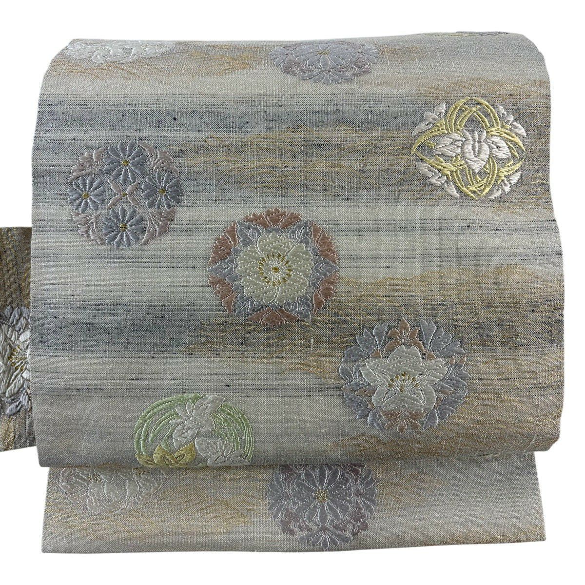 在庫一掃】 名古屋帯 秀品 花唐草 ヱ霞 螺鈿 金彩 銀色 正絹｜中古