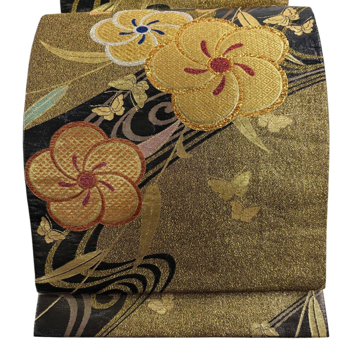 50%OFF 袋帯 秀品 梅 笹 金糸 刺繍 金色 六通 正絹 K50｜中古・古着