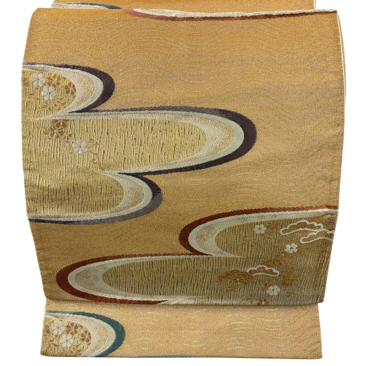 袋帯 逸品 辻村ジュサブロー 落款あり 草花 箔 深緑 六通 正絹｜中古