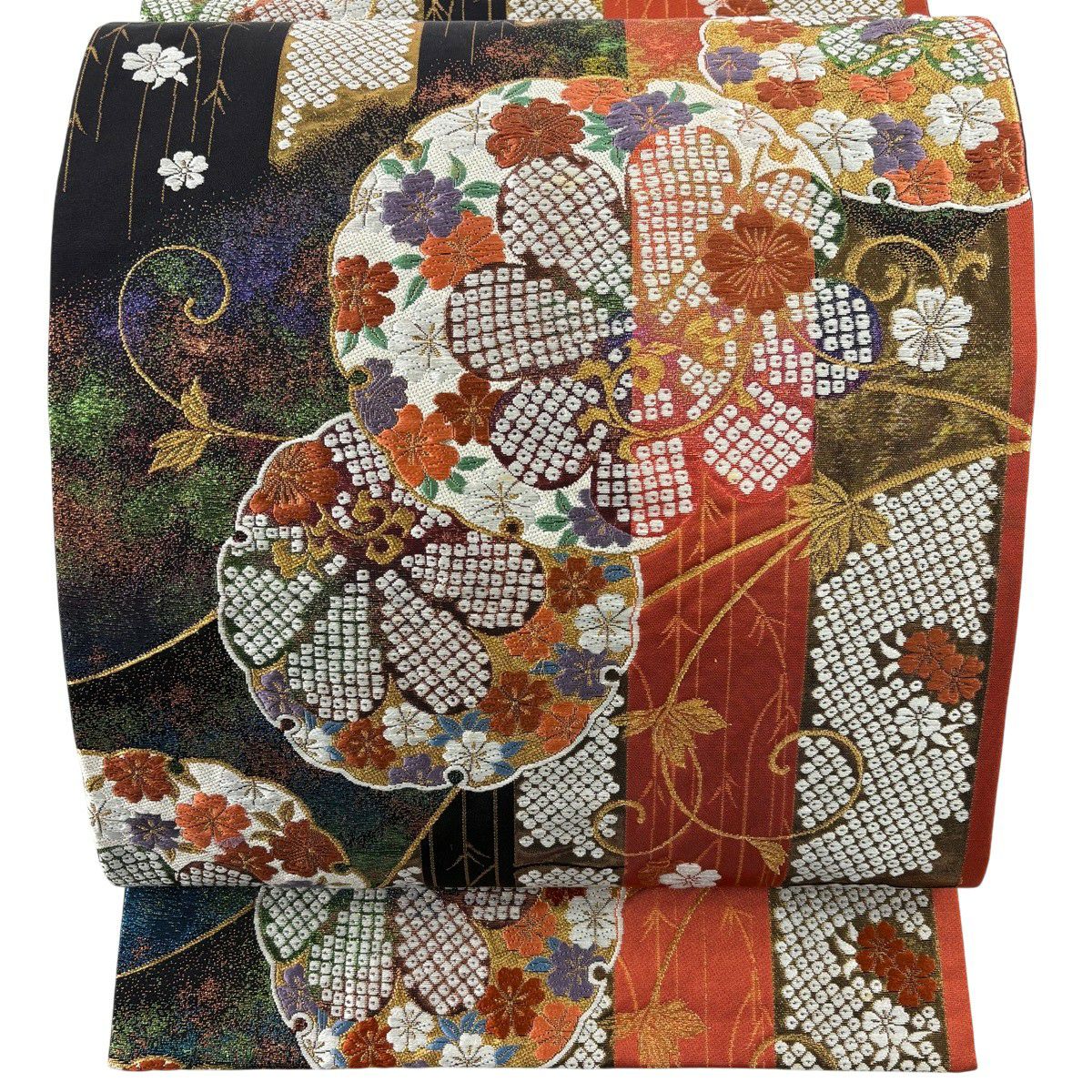 最終価格】 73%OFF 【美品】 名古屋帯 名品 雪輪笹青海波 唐織 箔 灰茶