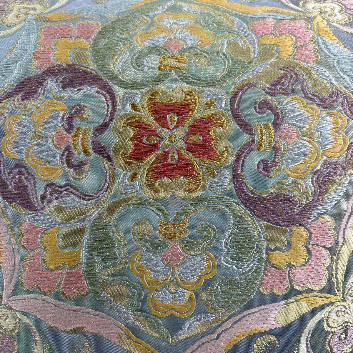 美品】 袋帯 秀品 葡萄唐草 華文 金銀糸 箔 青灰色 六通 正絹｜中古