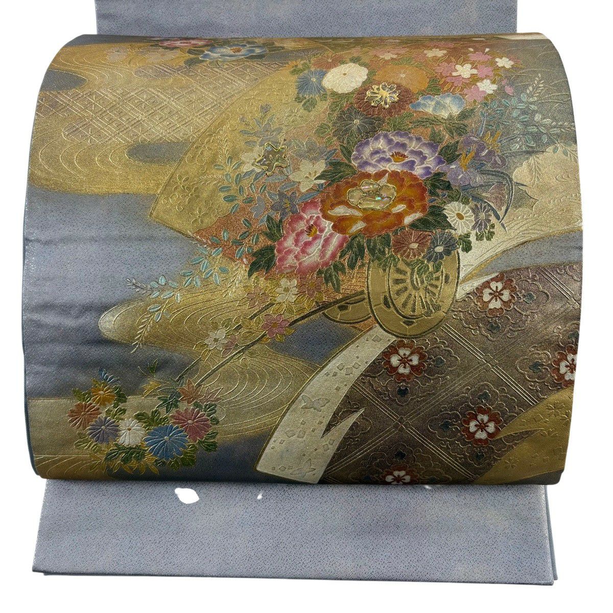 袋帯 秀品 御所車 枝垂桜 螺鈿箔 銀色 お太鼓柄 正絹｜中古・古着