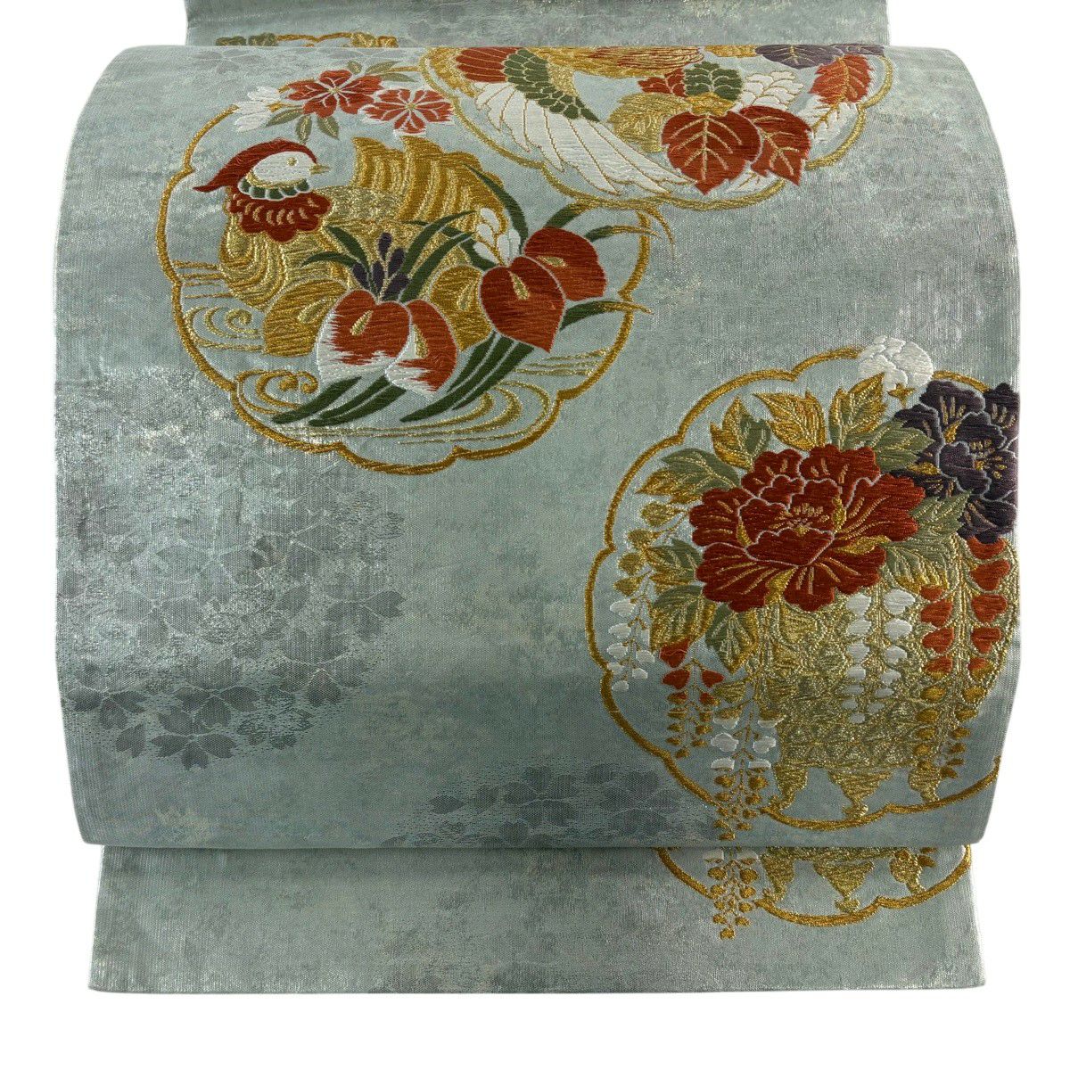美品】 袋帯 秀品 雪輪 花鳥 刺繍 ベージュ 六通 正絹｜中古・古着