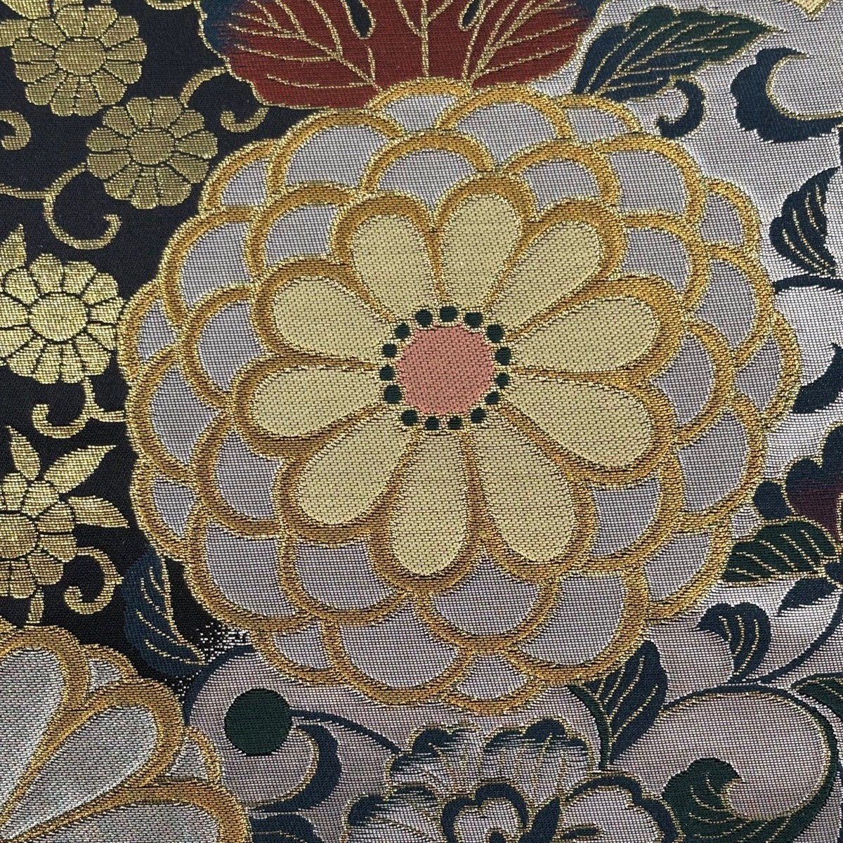 袋帯 秀品 菊 花唐草 金銀糸 箔 黒 六通 正絹｜中古・古着・リサイクル