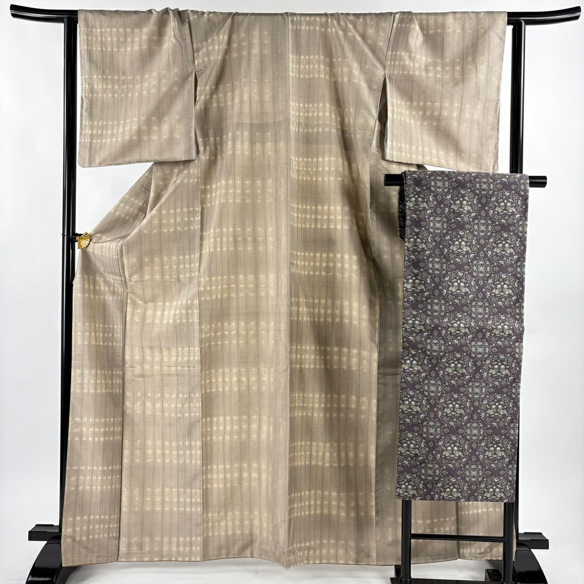 小紋 身丈165cm 裄丈69cm L 袷 名古屋帯セット 幾何学 灰紫 正絹 秀品