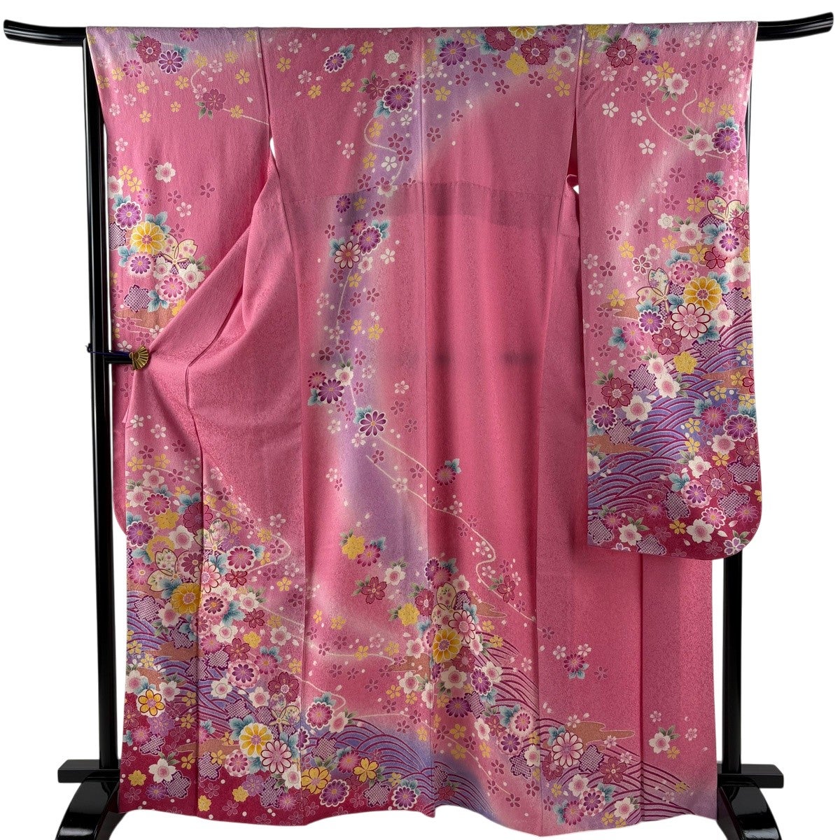 振袖 身丈159.5cm 裄丈65.5cm M 袷 牡丹 桜 銀通し 刺繍 薄ピンク 正絹
