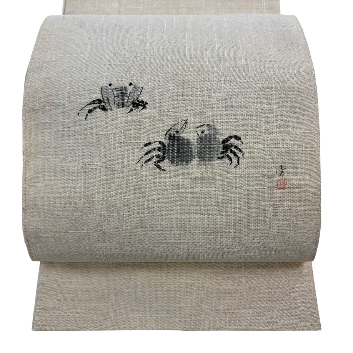 美品】 名古屋帯 名品 八寸名古屋帯 松葉仕立て 夏帯 紬地 蟹 ベージュ