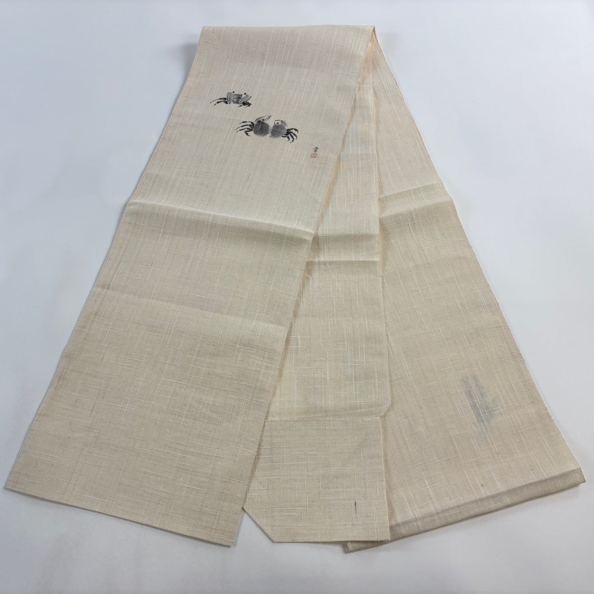 美品】 名古屋帯 名品 八寸名古屋帯 松葉仕立て 夏帯 紬地 蟹 ベージュ