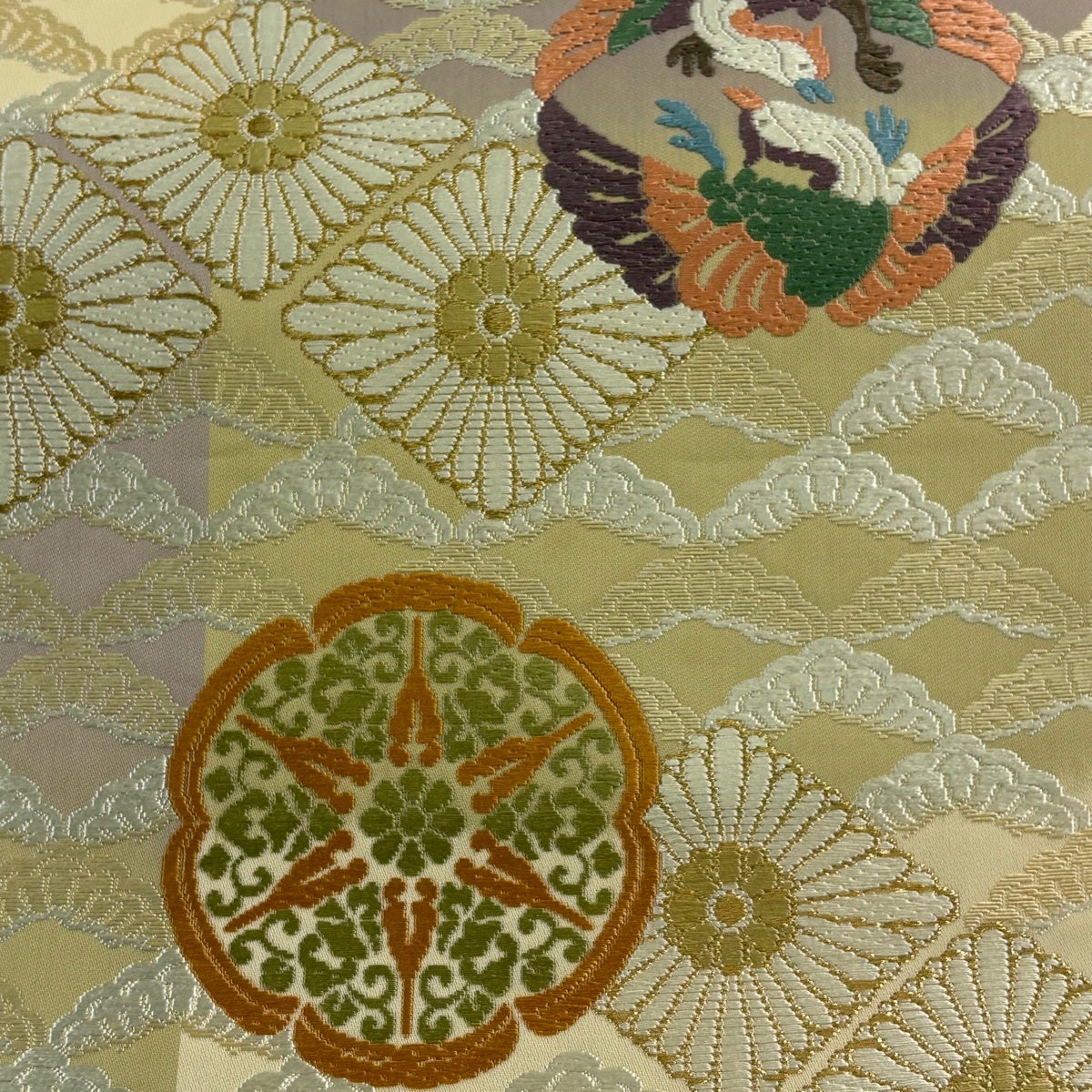 袋帯 名品 華文 向かい鳥 相良刺繍 金糸 ベージュ お太鼓柄 正絹