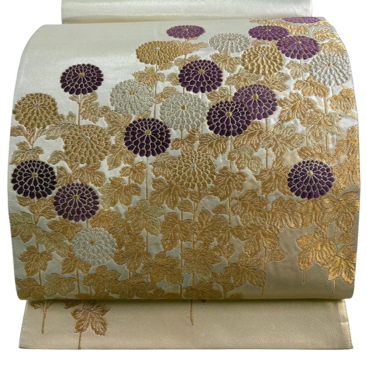 袋帯 名品 帝王紫 落款あり 菊 箔 灰色 六通 正絹｜中古・古着