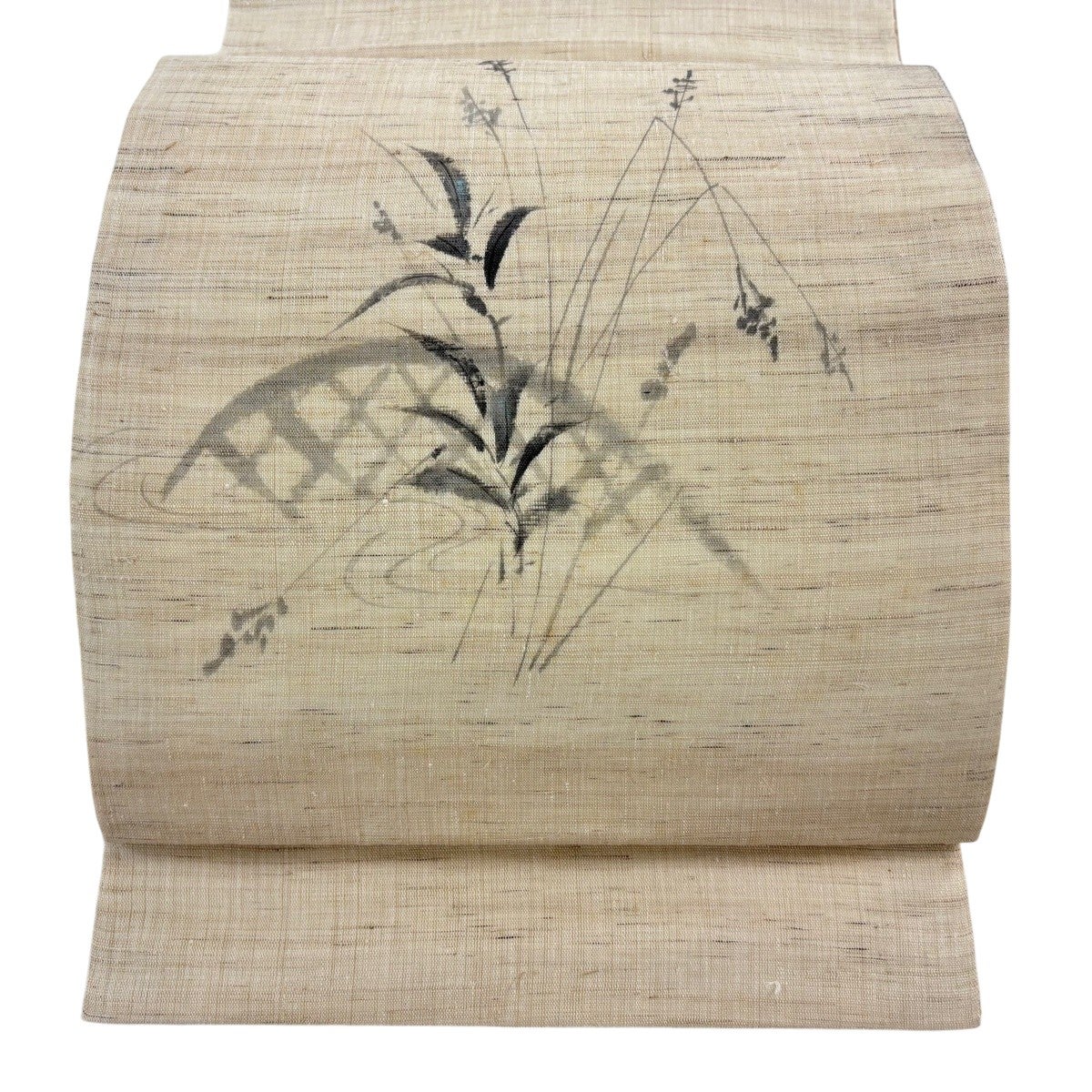 名古屋帯 名品 落款あり 夏帯 草花 トンボ 薄茶色 麻｜中古・古着