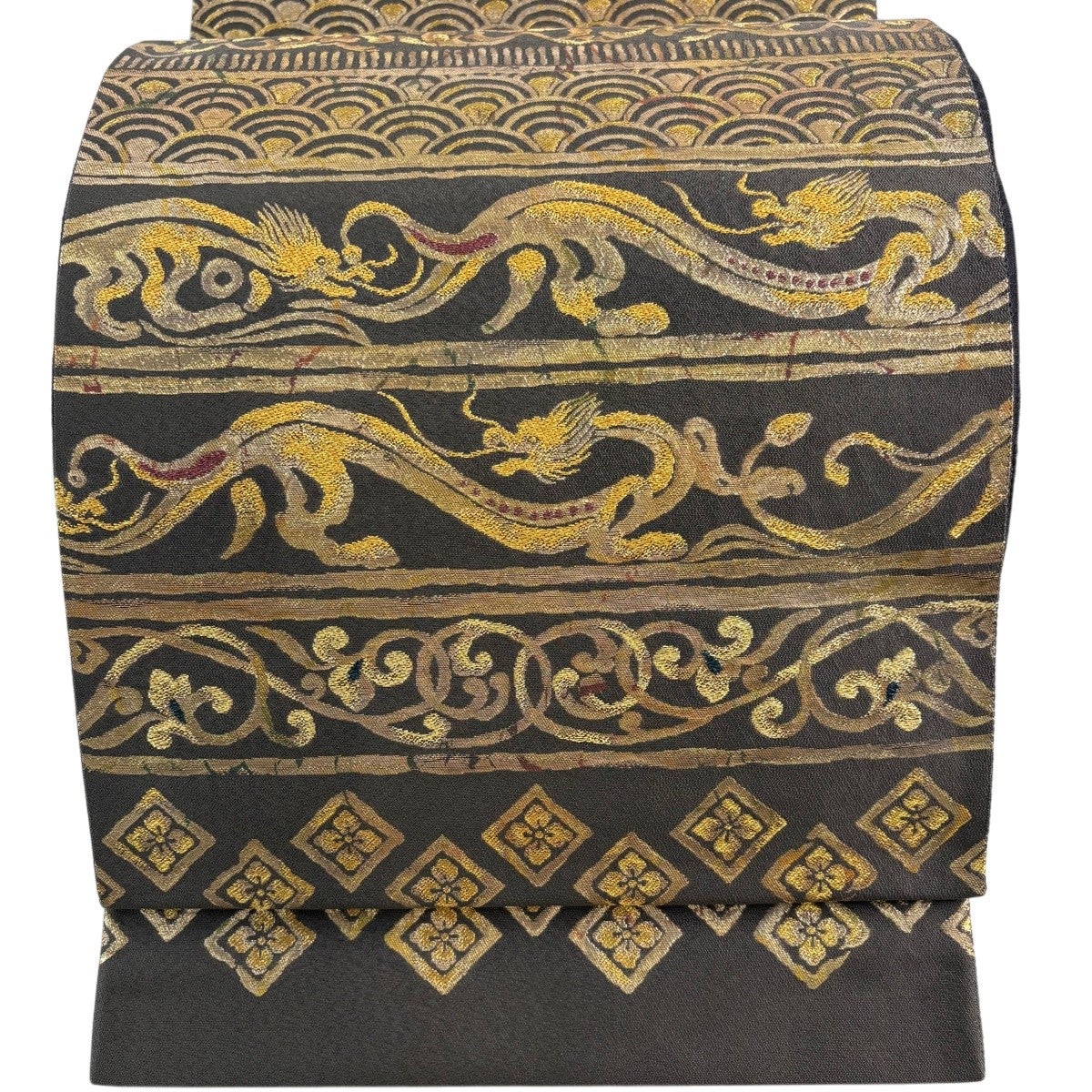 美品】 袋帯 名品 有職文様 花 金糸 ベージュ 六通 正絹｜中古・古着