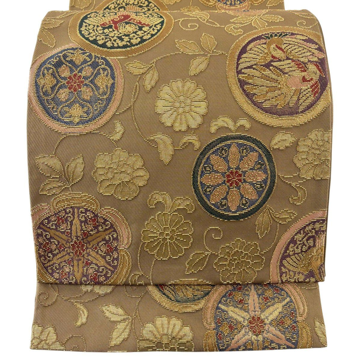 美品】 袋帯 名品 向鳥 花唐草 輪奈織 金糸 緑 六通 正絹|中古 美品】 袋帯 名品 向鳥 花唐草 輪奈織 金糸 緑 六通 正絹|中古