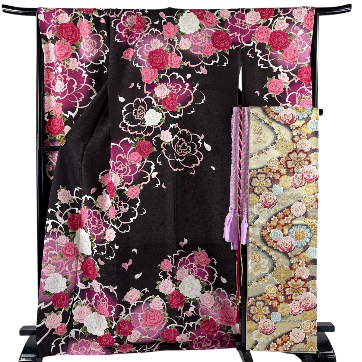 美品】 振袖 身丈170cm 裄丈68cm L 袷 袋帯フルセット 薔薇 地紋