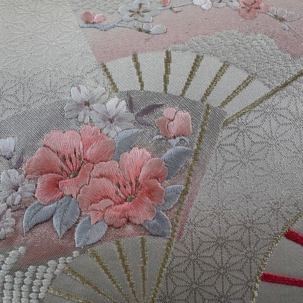 袋名古屋帯 優品 扇 草花 刺繍 金糸 灰白 正絹｜中古・古着