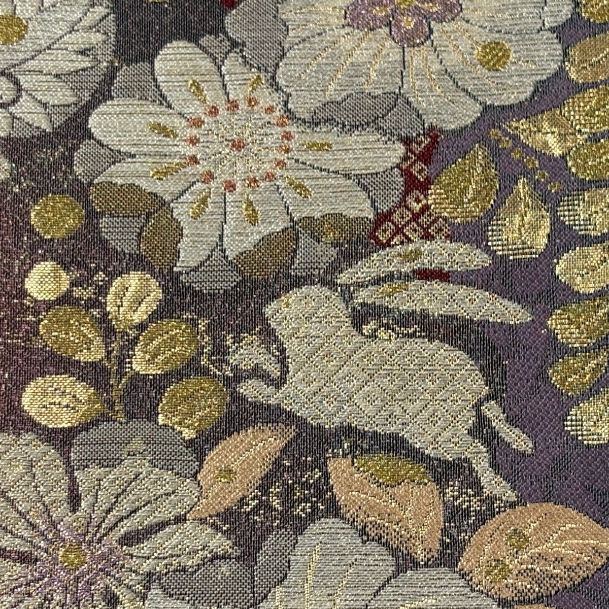 美品】 袋帯 秀品 辻が花柄 うさぎ 金糸 箔 灰紫 六通 正絹｜中古