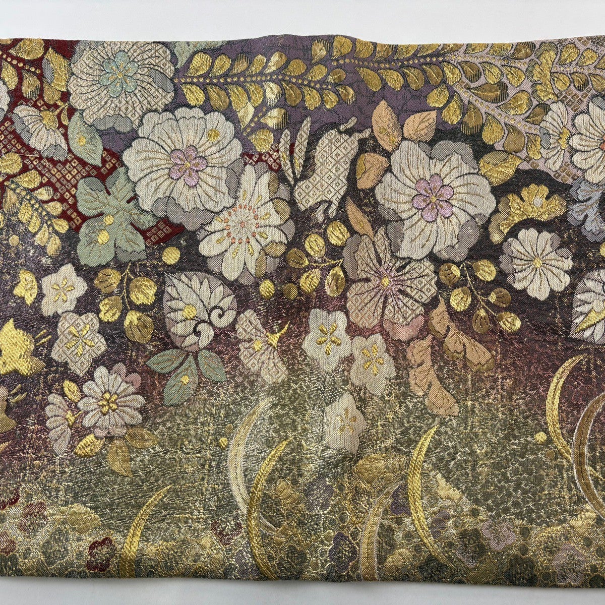 美品】 袋帯 秀品 辻が花柄 うさぎ 金糸 箔 灰紫 六通 正絹｜中古