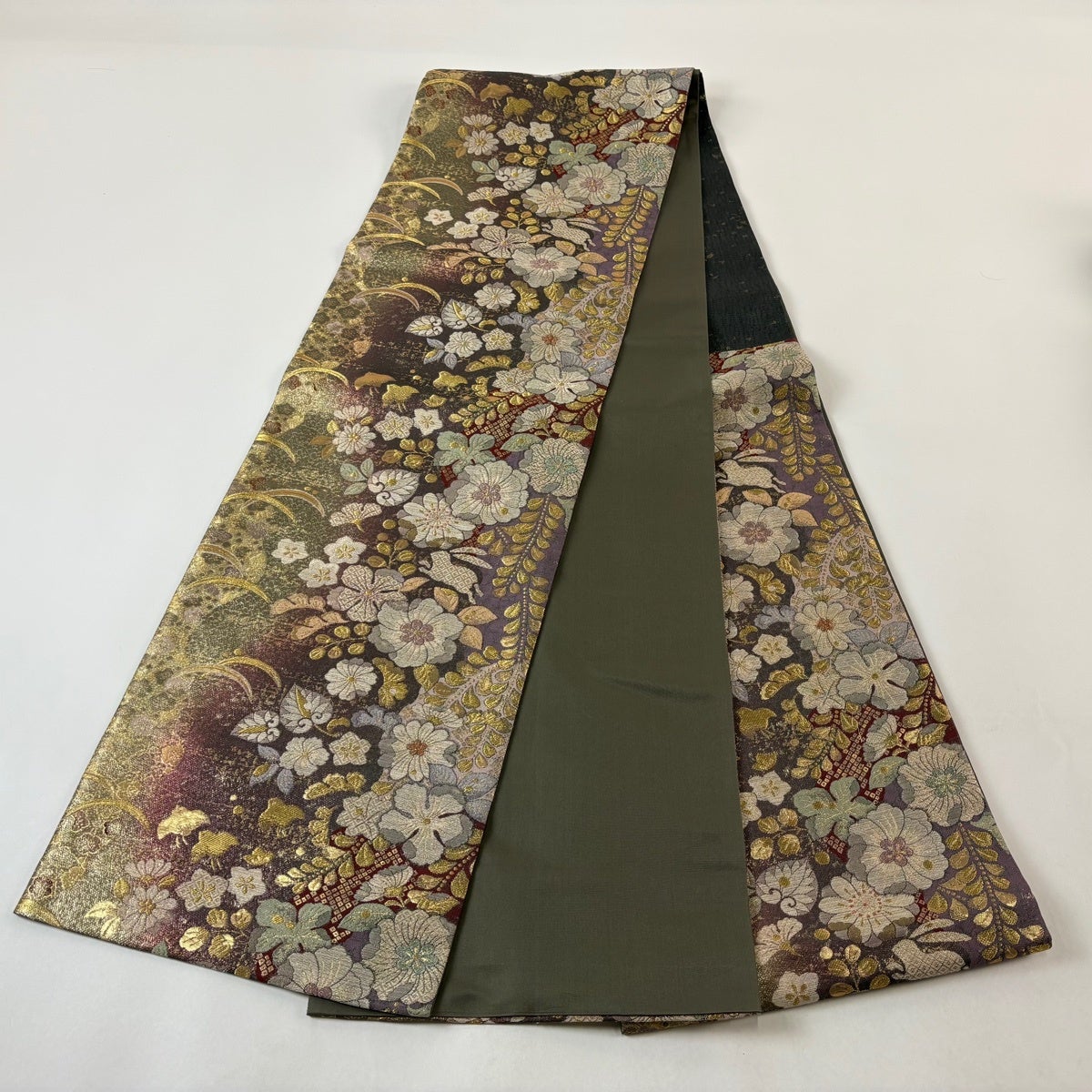 美品】 袋帯 秀品 辻が花柄 うさぎ 金糸 箔 灰紫 六通 正絹｜中古
