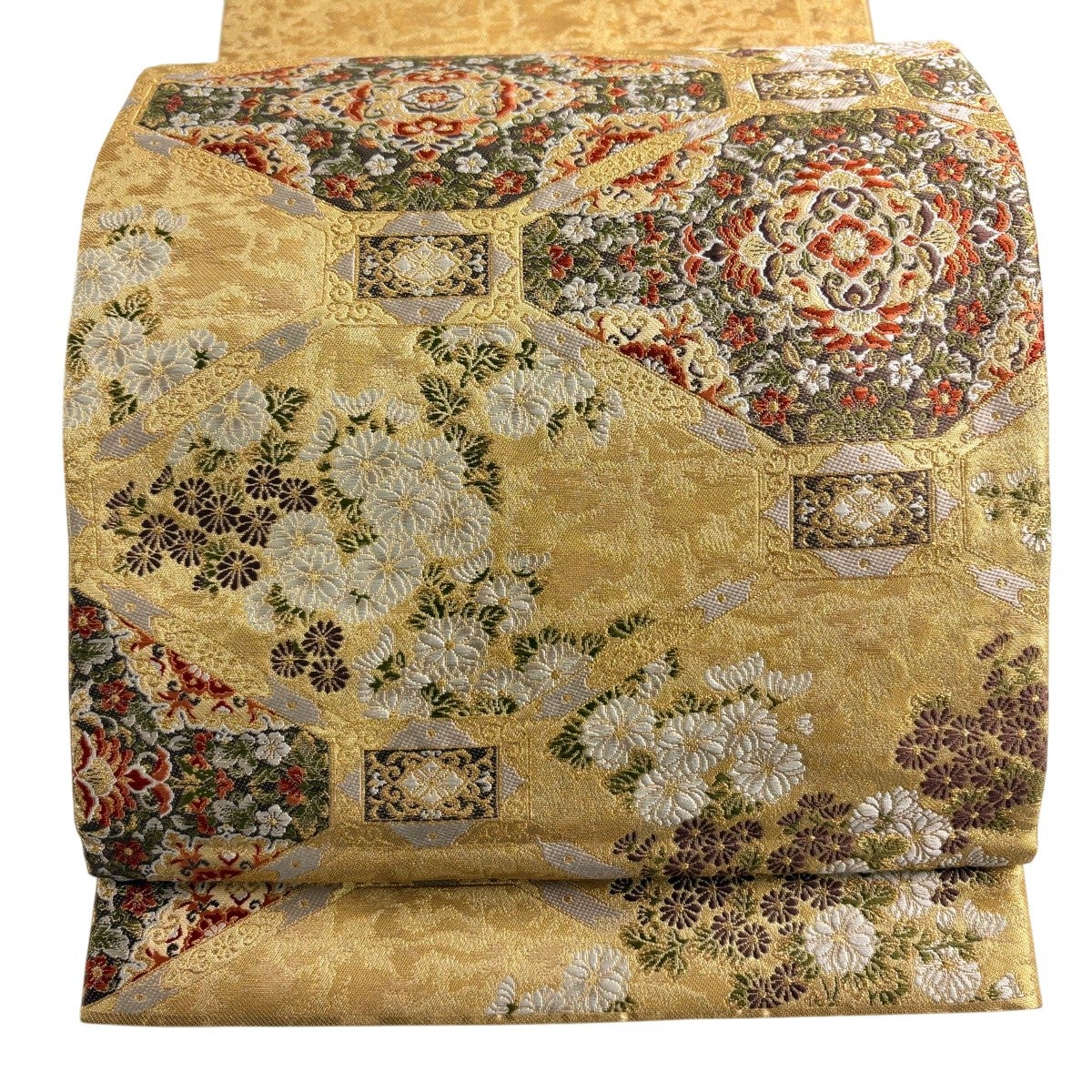 袋帯 正絹 華文 七宝繋ぎ 金糸 六通柄　着物　高級 美品】 袋帯 秀品 加納幸 落款あり 関西仕立て 蜀江華文 菊 金糸 箔