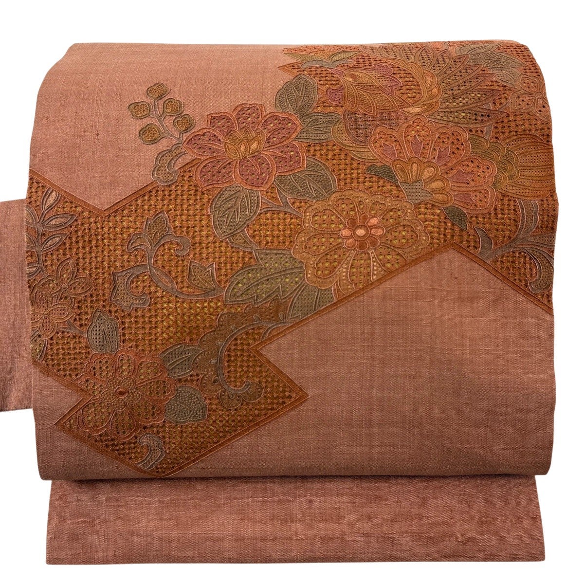 名古屋帯 秀品 紬地 花唐草 鳥 刺繍 赤茶 正絹｜中古・古着