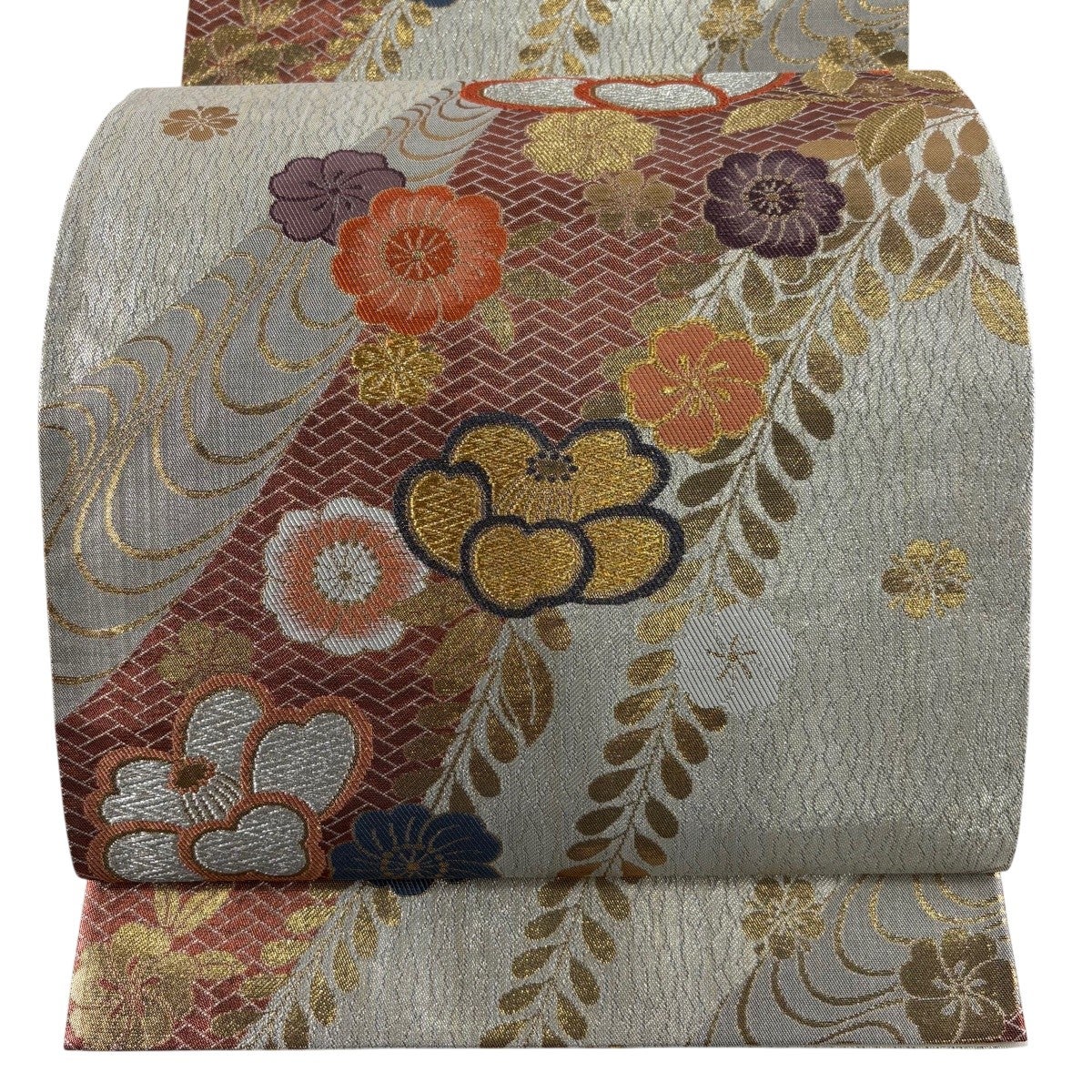 袋帯 秀品 振袖向き 桜 尾長鳥 金銀糸 箔 銀色 六通 正絹｜中古・古着