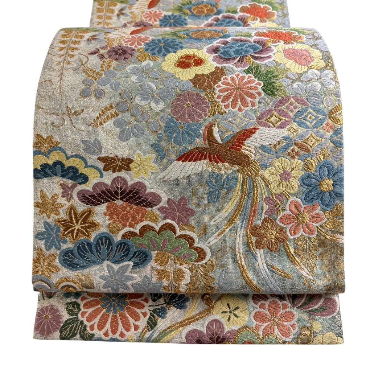 袋帯 秀品 落款あり 花鳥 七宝 金糸 刺繍 青灰色 六通 正絹｜中古