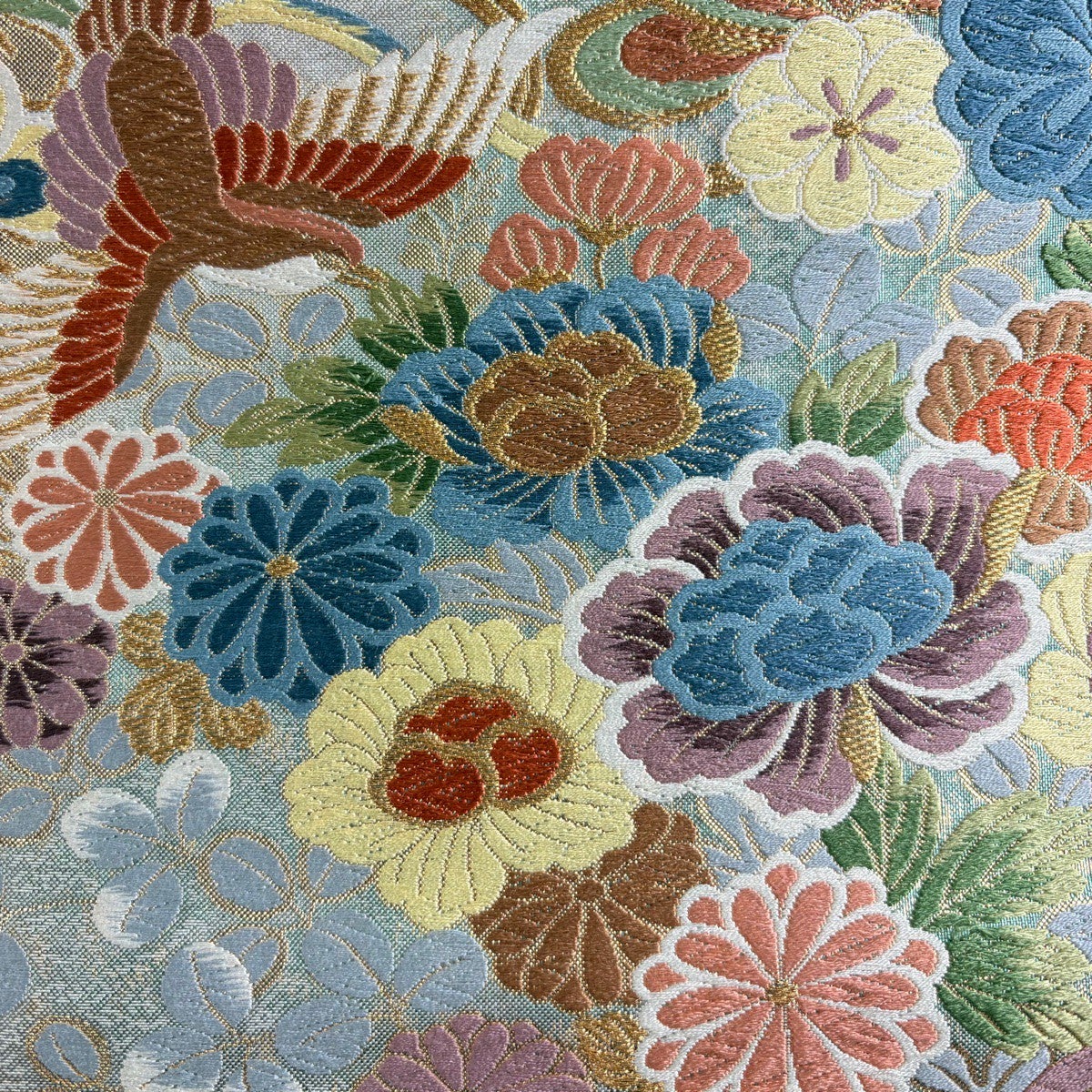 袋帯 秀品 落款あり 花鳥 七宝 金糸 刺繍 青灰色 六通 正絹｜中古