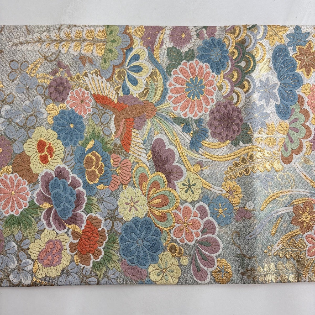 袋帯 秀品 落款あり 花鳥 七宝 金糸 刺繍 青灰色 六通 正絹｜中古
