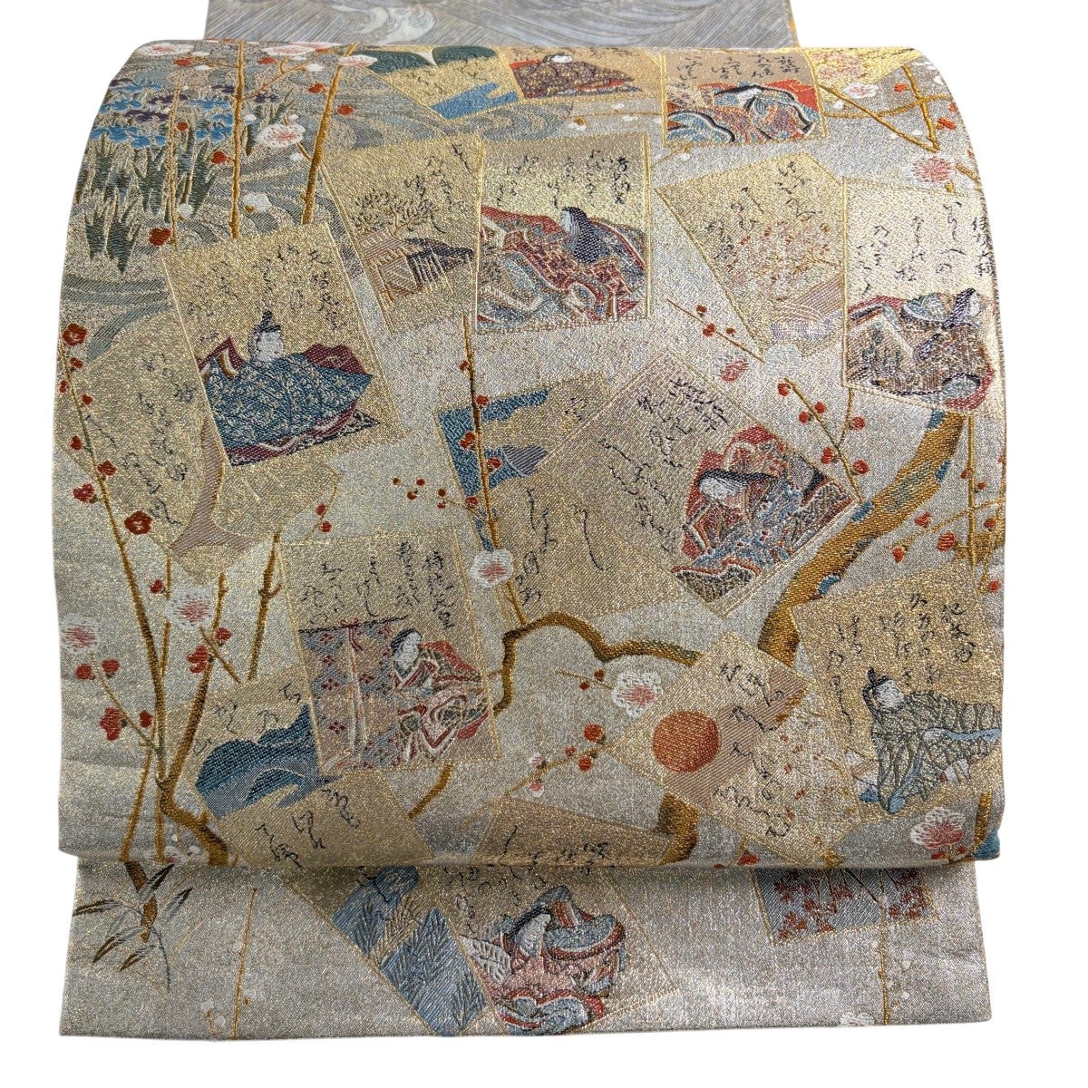 30%OFF 【美品】 丸帯 秀品 落款あり かるた 枝梅 金糸 箔 金色 お太鼓