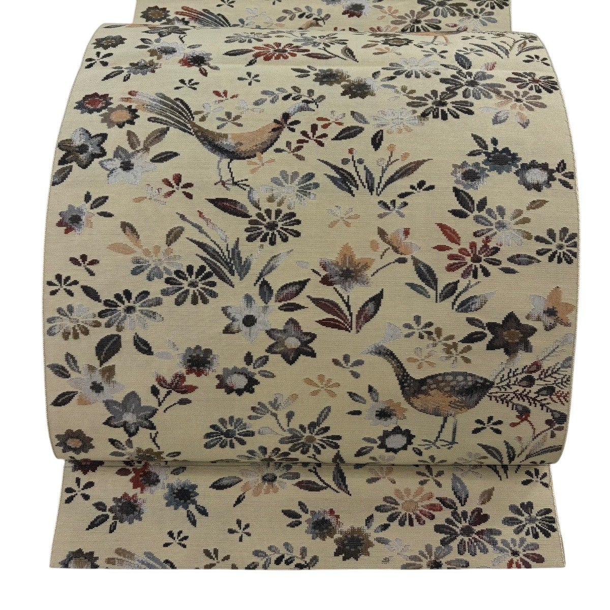 美品】 名古屋帯 優品 八寸名古屋帯 鳥 草花 ベージュ 正絹｜中古