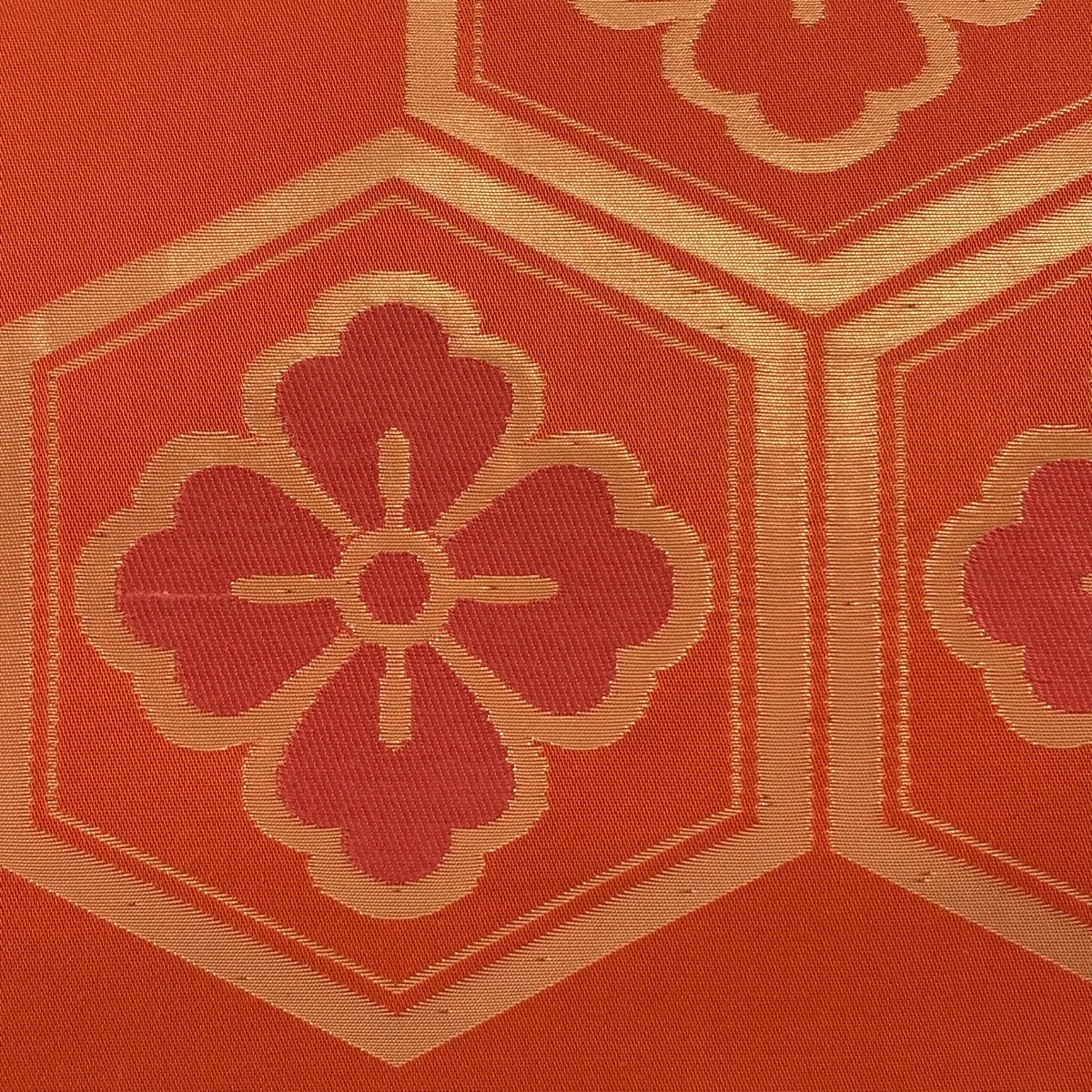 美品】 名古屋帯 優品 花菱 亀甲 箔 オレンジ 正絹｜中古・古着