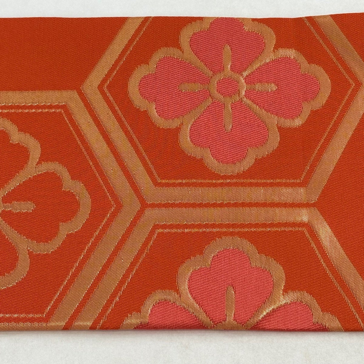 美品】 名古屋帯 優品 花菱 亀甲 箔 オレンジ 正絹｜中古・古着