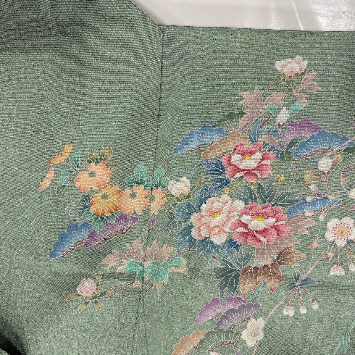 美品】 訪問着 身丈182cm 裄丈70cm 未仕立て 仮絵羽 草花 鴛鴦 金彩