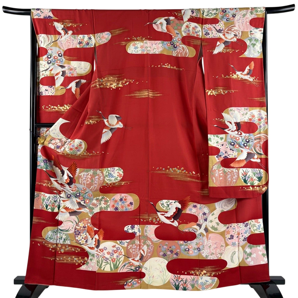 振袖 身丈163.5cm 裄丈66cm M 袷 鶴 ヱ霞 金糸 金彩 朱色 正絹 名品