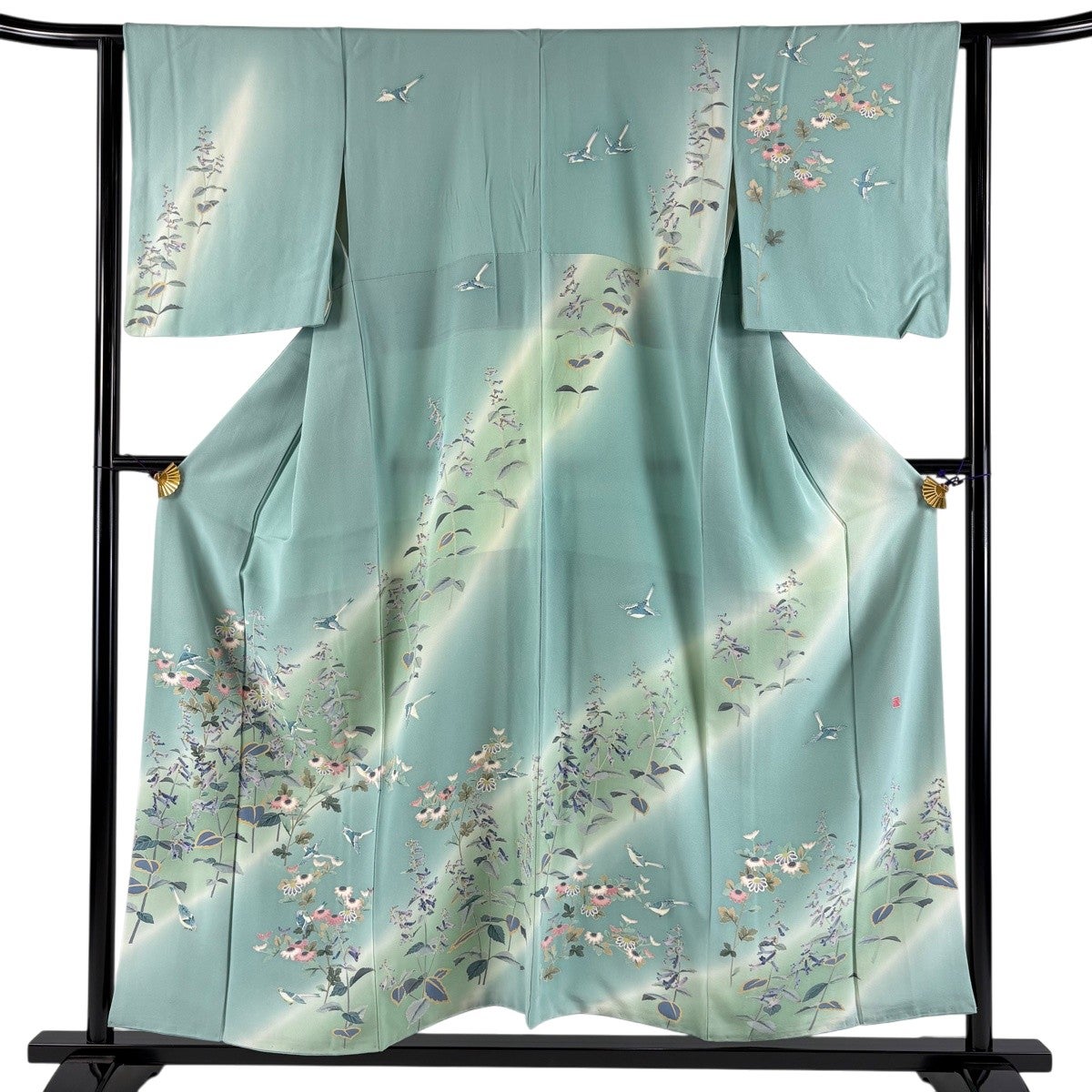 訪問着 身丈155cm 裄丈62cm S 袷 魚津誠 落款あり 鳥 菊 ぼかし 薄緑
