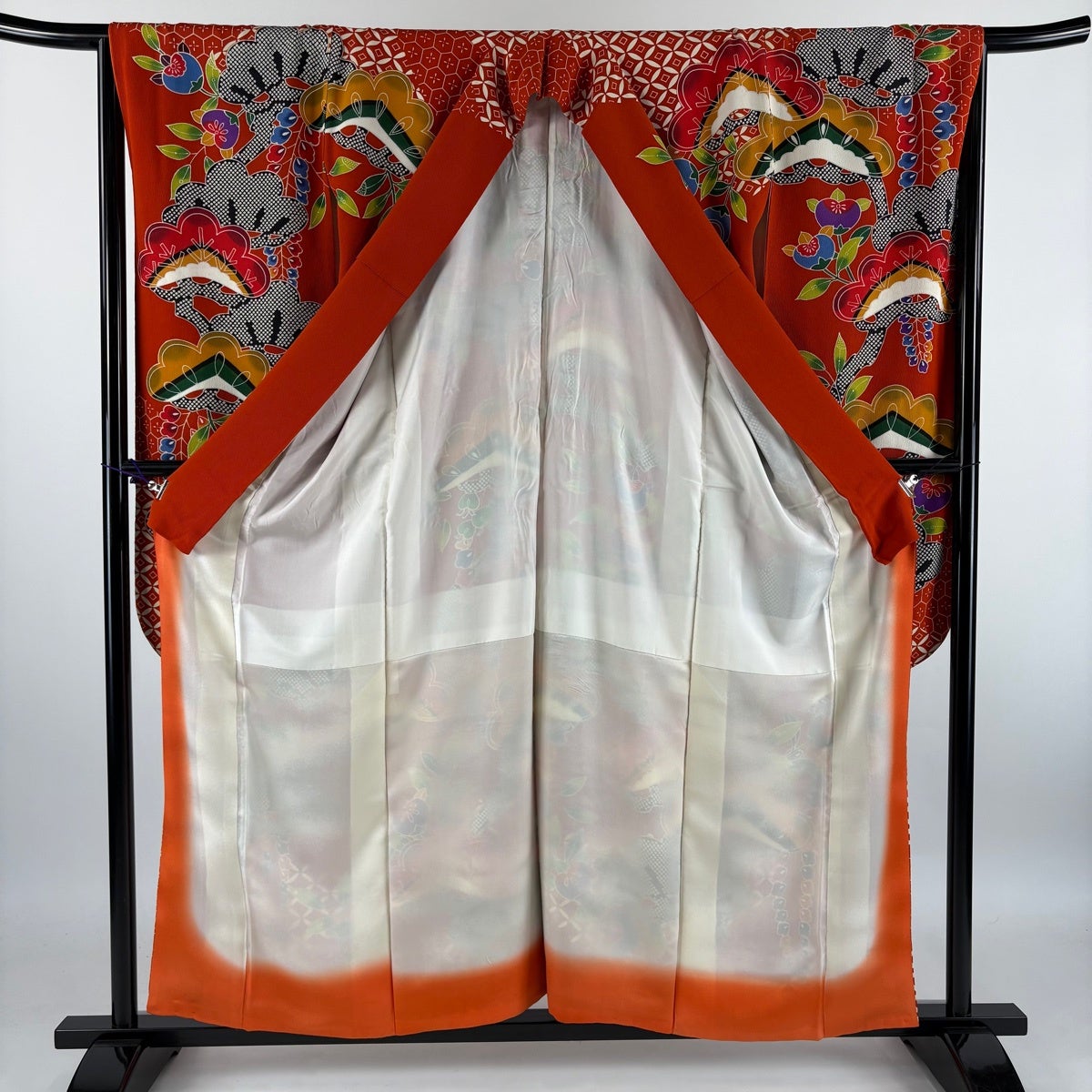 振袖 身丈157cm 裄丈67.5cm L 袷 笠松 橘花 縮緬 朱色 正絹 名品｜中古